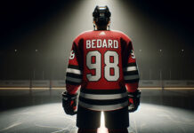 Connor Bedard standing at center ice pondering if the team will some some offensive free agents