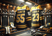 Noah Hanifin and Elias Lindholm Boston Bruins jersey hanging in the Bruins dressing room