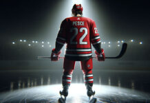 Brett Pesce wearing a Carolina Hurricanes jersey, skating on the ice.