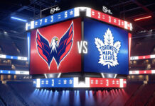 Washington Capitals and Toronto Maple Leafs logo on an NHL scoreboard