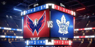 Washington Capitals and Toronto Maple Leafs logo on an NHL scoreboard