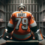 Carter Hart KHL Rumors | Flyers Star Facing Uncertain Future Carter Hart sitting down looking sad in a Philadelphia Flyers jersey wondering if he will play in the KHL?