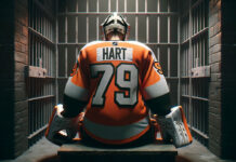 Carter Hart sitting down looking sad in a Philadelphia Flyers jersey wondering if he will play in the KHL?