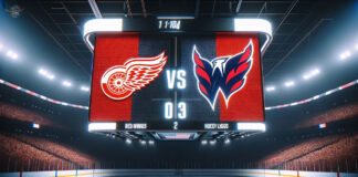 Red Wings and Capitals hockey players face off