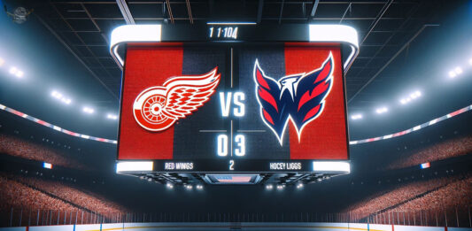 Red Wings and Capitals hockey players face off
