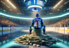 Elias Pettersson sign 8-year contract extension as he sits on a stack on money at center ice of the Canucks arena.