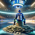 Elias Pettersson Staying in Vancouver: Canucks Lock Up Star Forward Elias Pettersson sign 8-year contract extension as he sits on a stack on money at center ice of the Canucks arena.