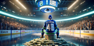 Elias Pettersson sign 8-year contract extension as he sits on a stack on money at center ice of the Canucks arena.