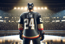 Vegas Golden Knights hockey players with name of LTIR on back of jersey