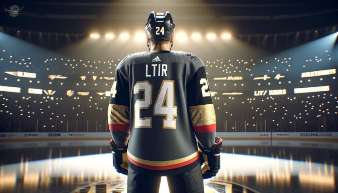 Vegas Golden Knights hockey players with name of LTIR on back of jersey