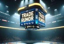 NHL trade rumor infographic showing Guentzel to Canucks, DeBrusk to Penguins, and Lindholm to Bruins