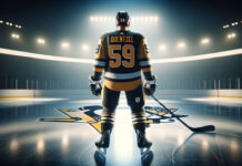 Jake Guentzel wearing a Pittsburgh Penguins waiting to be traded