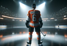 Jakob Chychrun in Philadelphia Flyers uniform skates with the puck