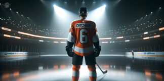 Jakob Chychrun in Philadelphia Flyers uniform skates with the puck