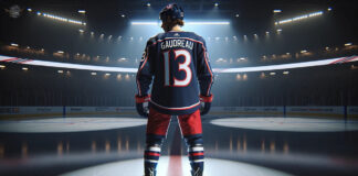 Johnny Gaudreau looks dejected on the Columbus Blue Jackets home ice rink