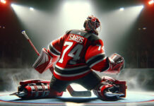Juuse Saros Nashville Predators goalie facing off against New Jersey Devils