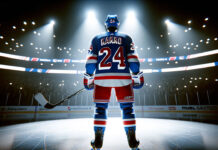 Kaapo Kakko in New York Rangers jersey skates with puck.