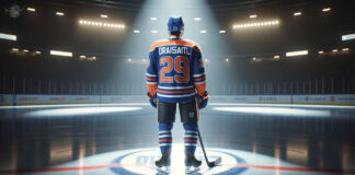 Photo of Leon Draisaitl wearing his Edmonton Oilers jersey, looking concerned