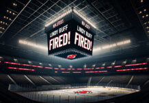 New Jersey Devils scoreboard showing the text, Lindy Ruff fired!
