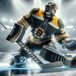 Linus Ullmark Blocks Trade, Bruins Face Goalie Dilemma Linus Ullmark wearing a Boston Bruins jersey and making a save.