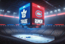 Picture of the Toronto Maple Leafs and Montreal Candiens logo displaying on a scoreboard. Will the Leafs make a trade for David Savard?