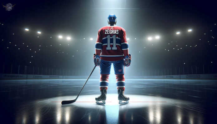 Trevor Zegras wearing a Montreal Canadiens jersey