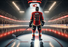 Photo of Nazem Kadri in Calgary Flames jersey, looking pensive