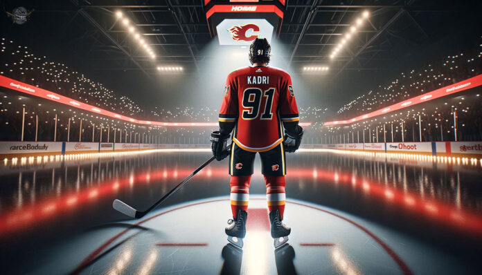 Photo of Nazem Kadri in Calgary Flames jersey, looking pensive