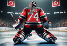 New Jersey Devils goalie wearing red and black pads.