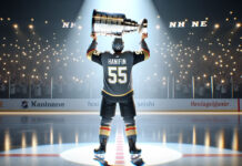 Noah Hanifin celebrates goal in Vegas Golden Knights jersey