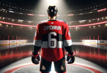 Ottawa Senators logo with a hockey player skating in the background