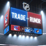 Rangers-Coyotes Trade Buzz | Zucker for Kakko? New York Rangers and Arizona Coyotes logos displayed side-by-side with the words "trade rumors"