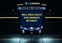 Buffalo Sabres scoreboard stating that head coach Don Granato will be fired