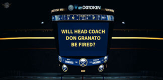 Buffalo Sabres scoreboard stating that head coach Don Granato will be fired