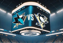 San Jose Sharks and Pittsburgh Penguins logos on an NHL scoreboard