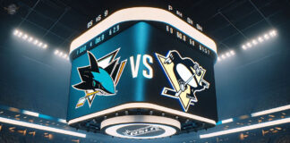San Jose Sharks and Pittsburgh Penguins logos on an NHL scoreboard