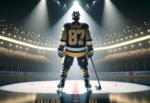 Sidney Crosby wearing a Pittsburgh Penguins jersey skating on the ice