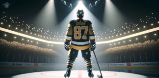 Sidney Crosby wearing a Pittsburgh Penguins jersey skating on the ice