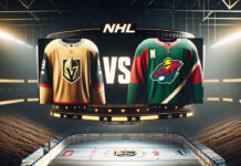Vegas Golden Knights and Minnesota Wild jersey's showing on an NHL scoreboard