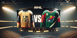 Vegas Golden Knights and Minnesota Wild jersey's showing on an NHL scoreboard