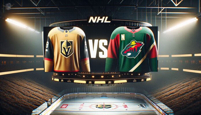 Vegas Golden Knights and Minnesota Wild jersey's showing on an NHL scoreboard