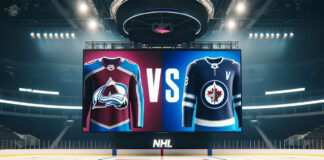 A hockey puck flying through the air with the Avalanche and Jets logos in the background.