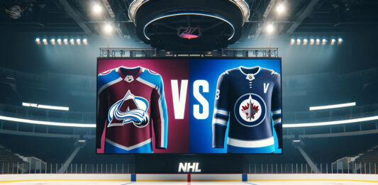 A hockey puck flying through the air with the Avalanche and Jets logos in the background.