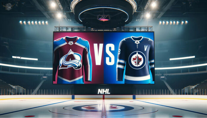 A hockey puck flying through the air with the Avalanche and Jets logos in the background.