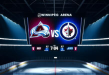 Closeup of the Colorado Avalanche and Winnipeg Jets logos on an NHL scoreboard