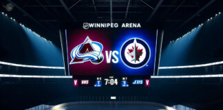 Closeup of the Colorado Avalanche and Winnipeg Jets logos on an NHL scoreboard