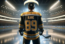 Patrick Kane wearing a Boston Bruins jersey
