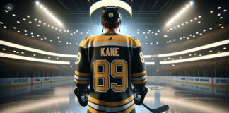 Patrick Kane wearing a Boston Bruins jersey