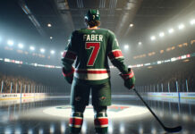 Brock Faber, Minnesota Wild defenseman, skates with the puck