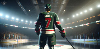 Brock Faber, Minnesota Wild defenseman, skates with the puck
